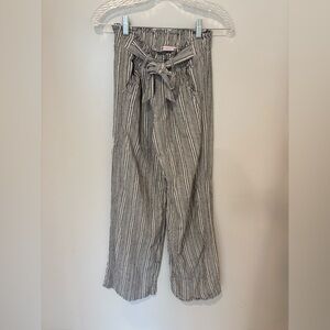 SO Striped Wide Leg High Rise Linen Paper Bag Pants Navy Blue and White Small